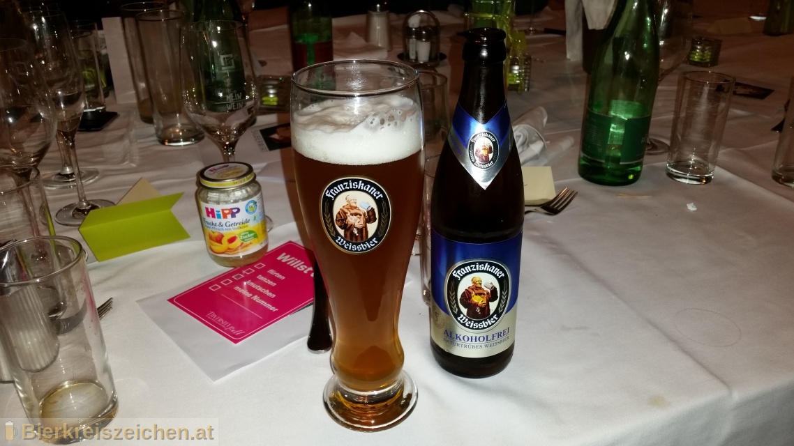 Foto eines Bieres der Marke Franziskaner Alkoholfrei aus der Brauerei Spaten-Franziskaner-Bru
