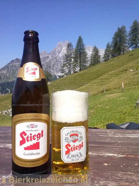 Foto eines Bieres der Marke Stiegl Goldbru aus der Brauerei Stieglbrauerei